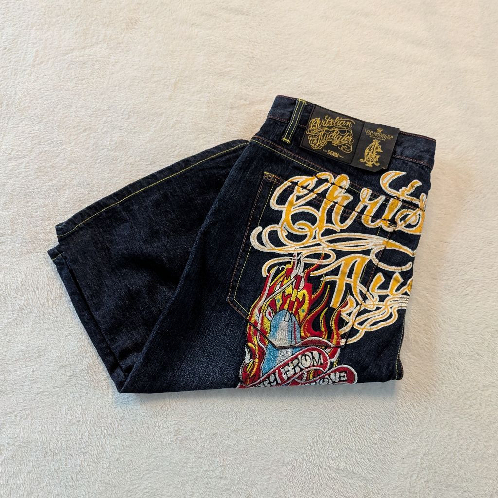 Christian Audigier Ed Hardy Vintage Embroidered Flame Skull Denim Shorts - 42×15 - Picture 2 of 15